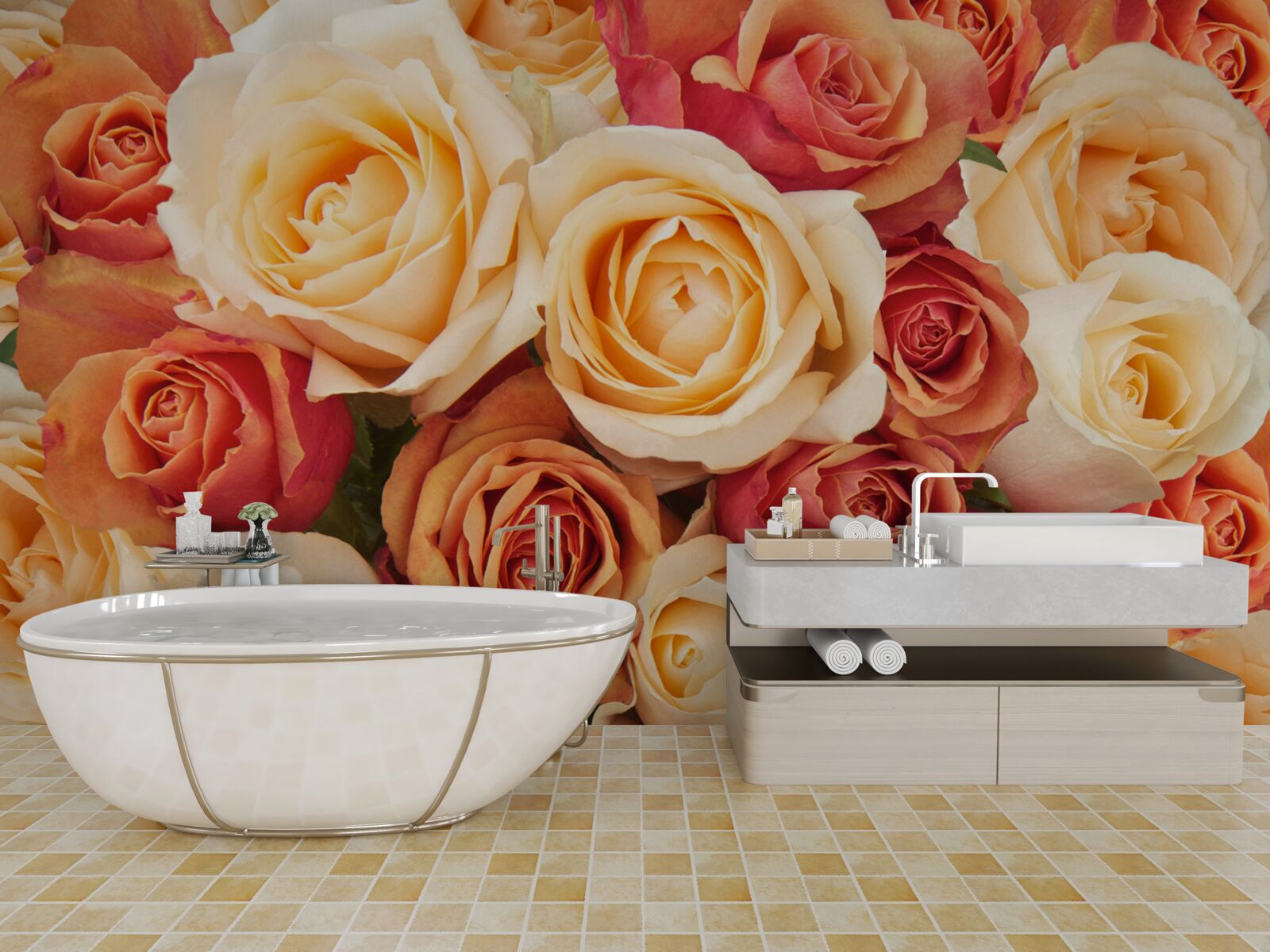 Fotobehang rozen met zachte kleuren in lichte en perziktinten