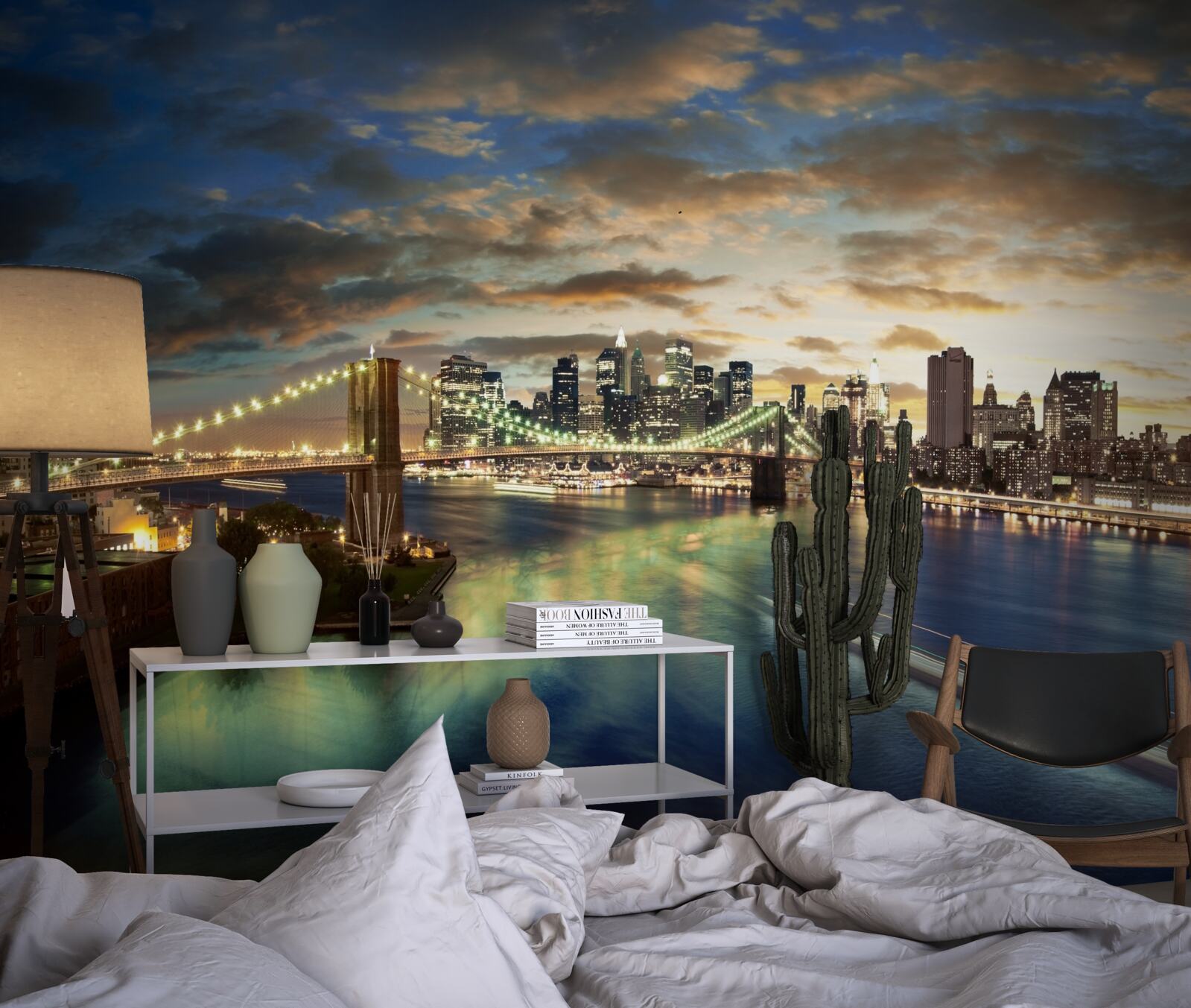 Fotobehang nachtelijke verlichting van new york aan de waterkant