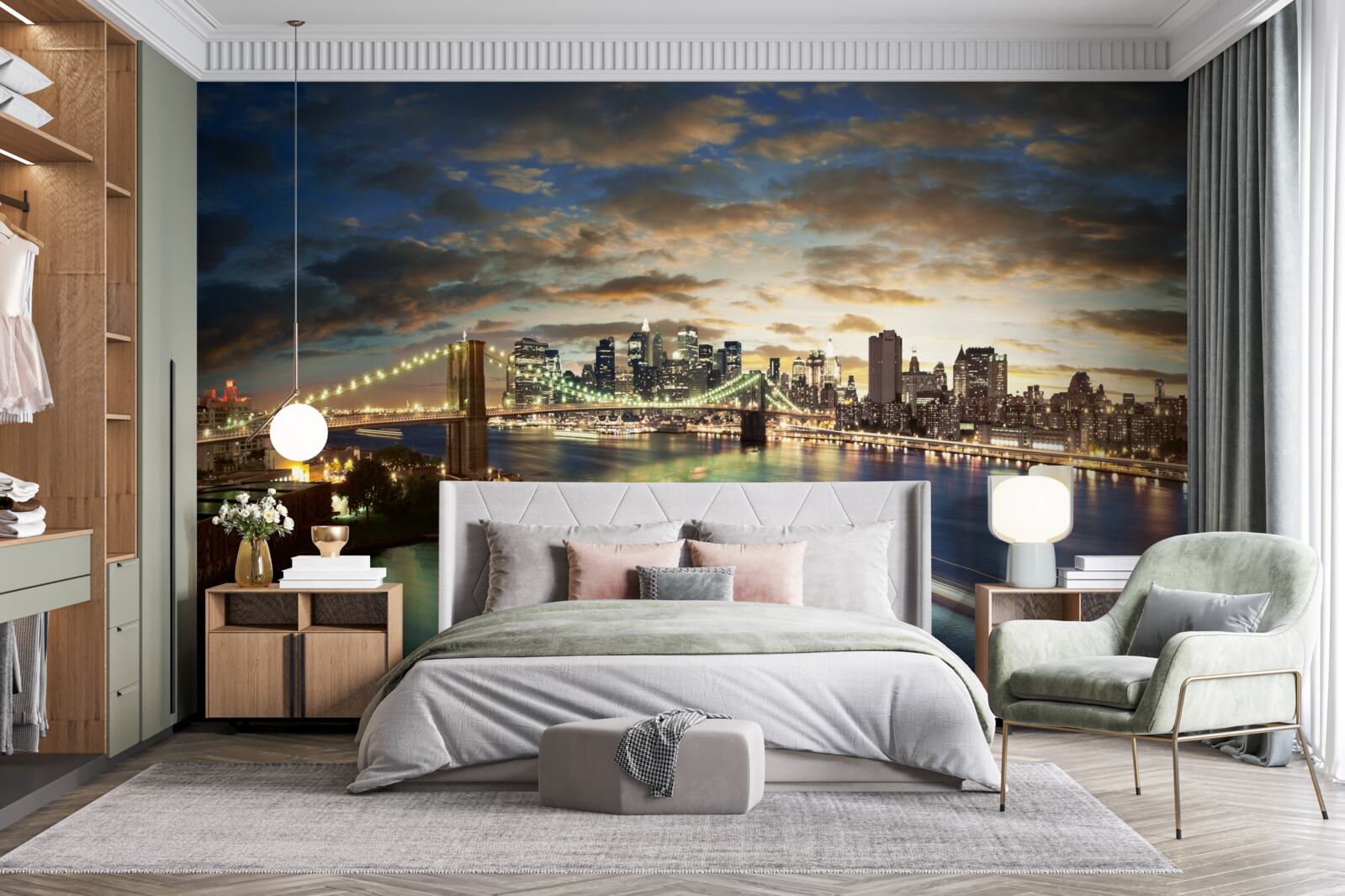 Fotobehang nachtelijke verlichting van new york aan de waterkant