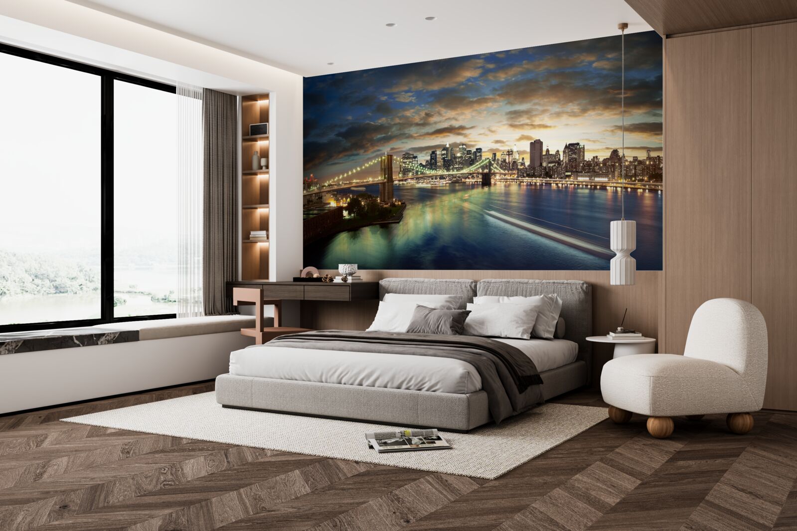 Fotobehang nachtelijke verlichting van new york aan de waterkant