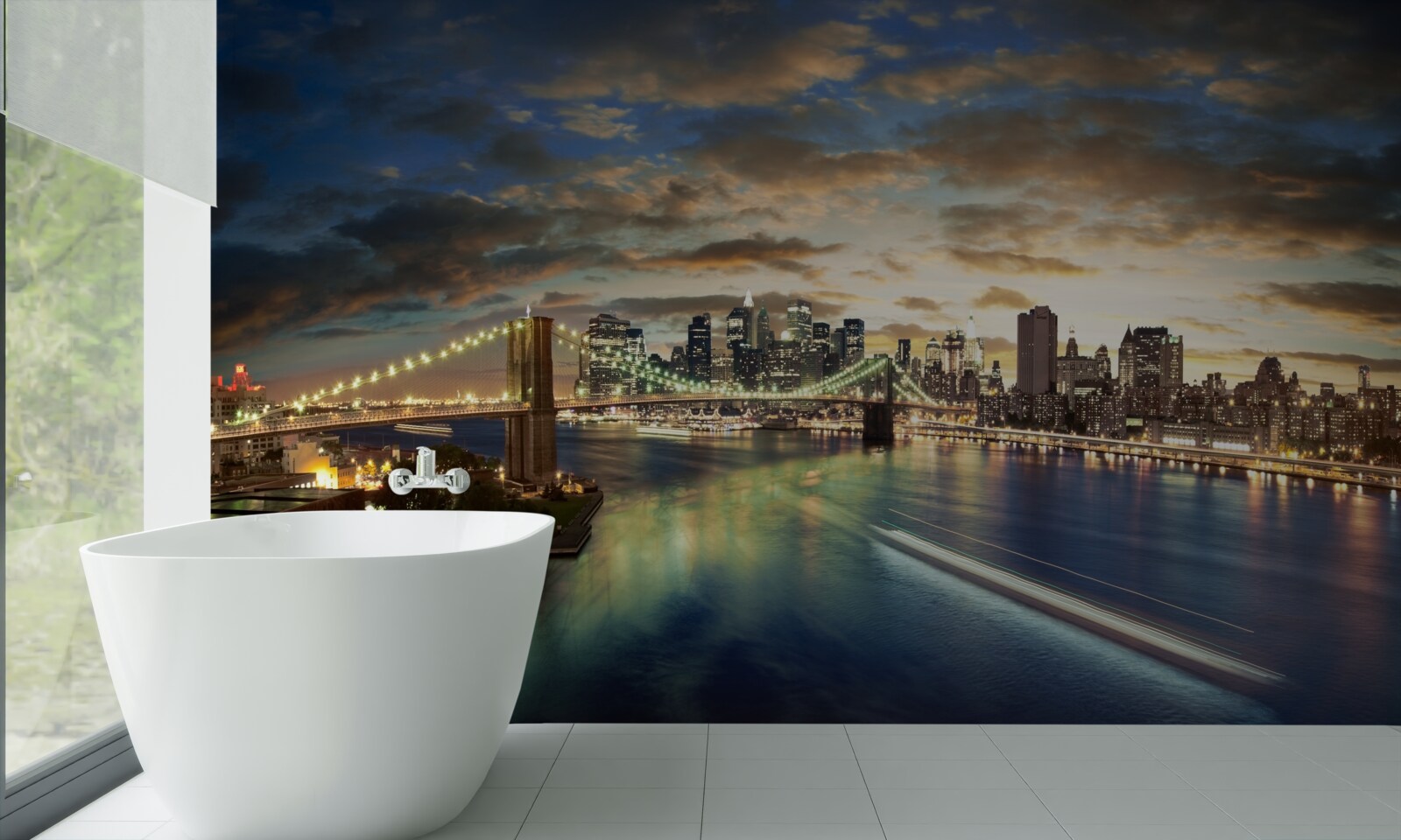 Fotobehang nachtelijke verlichting van new york aan de waterkant