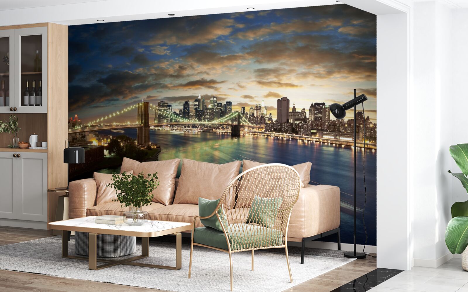 Fotobehang nachtelijke verlichting van new york aan de waterkant