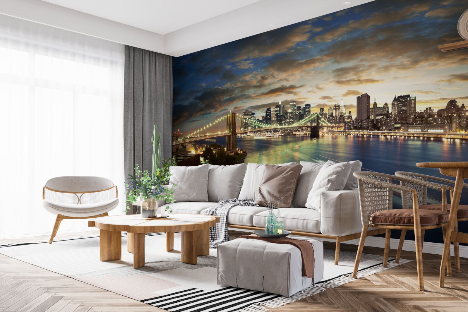 Fotobehang nachtelijke verlichting van new york aan de waterkant