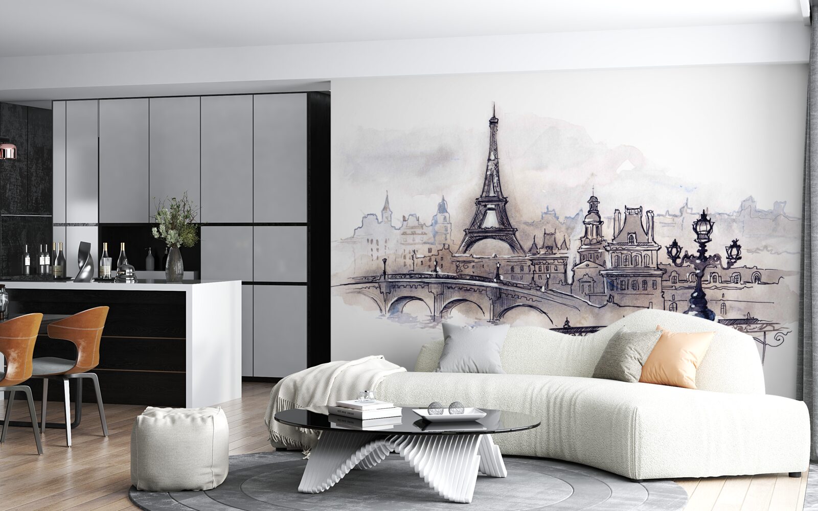 Fotobehang eiffeltoren en architectuurschetsen in potlood