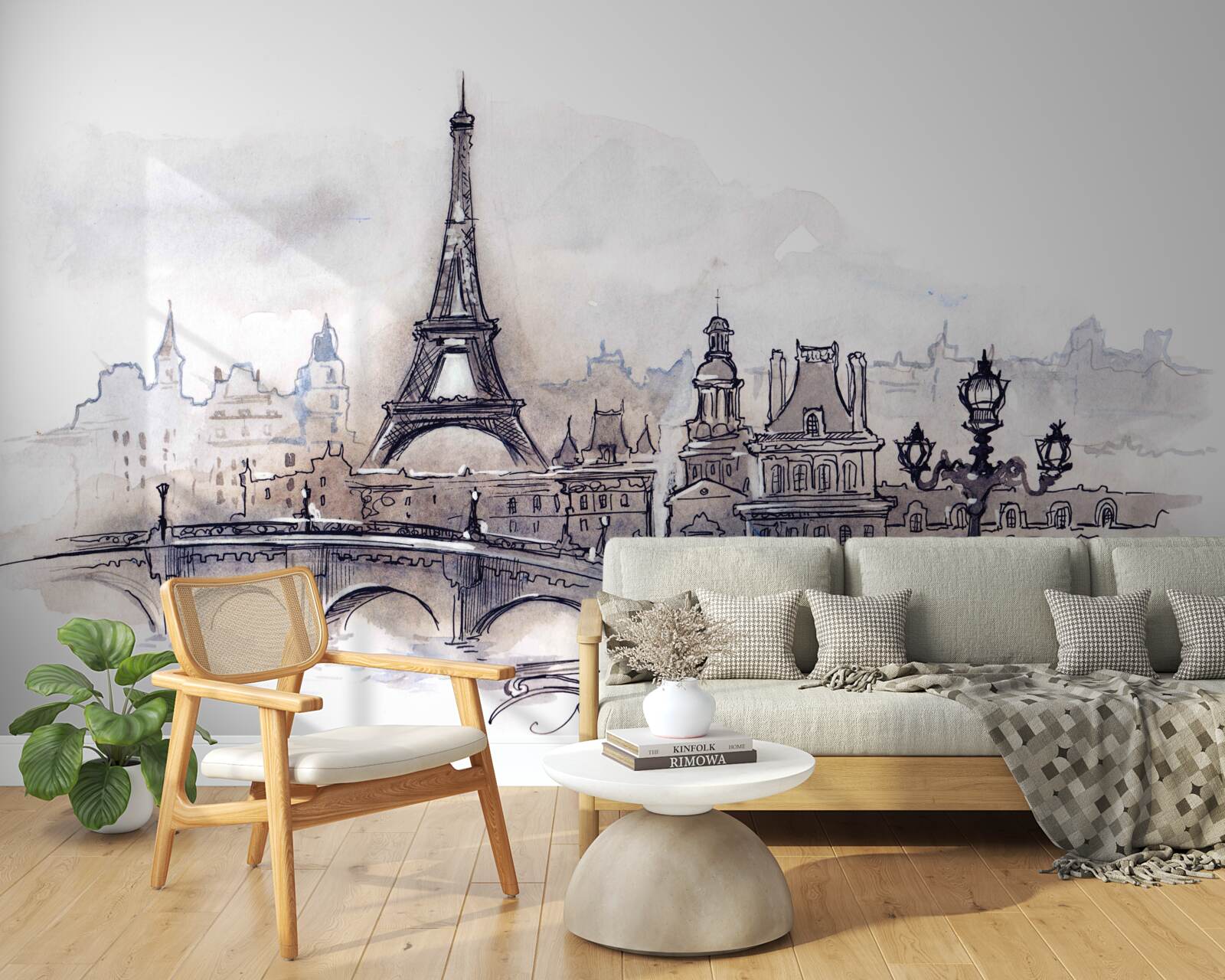 Fotobehang eiffeltoren en architectuurschetsen in potlood