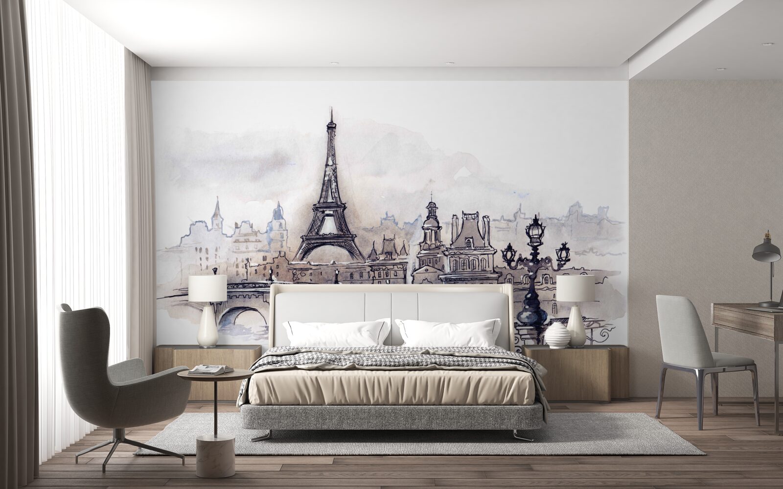 Fotobehang eiffeltoren en architectuurschetsen in potlood