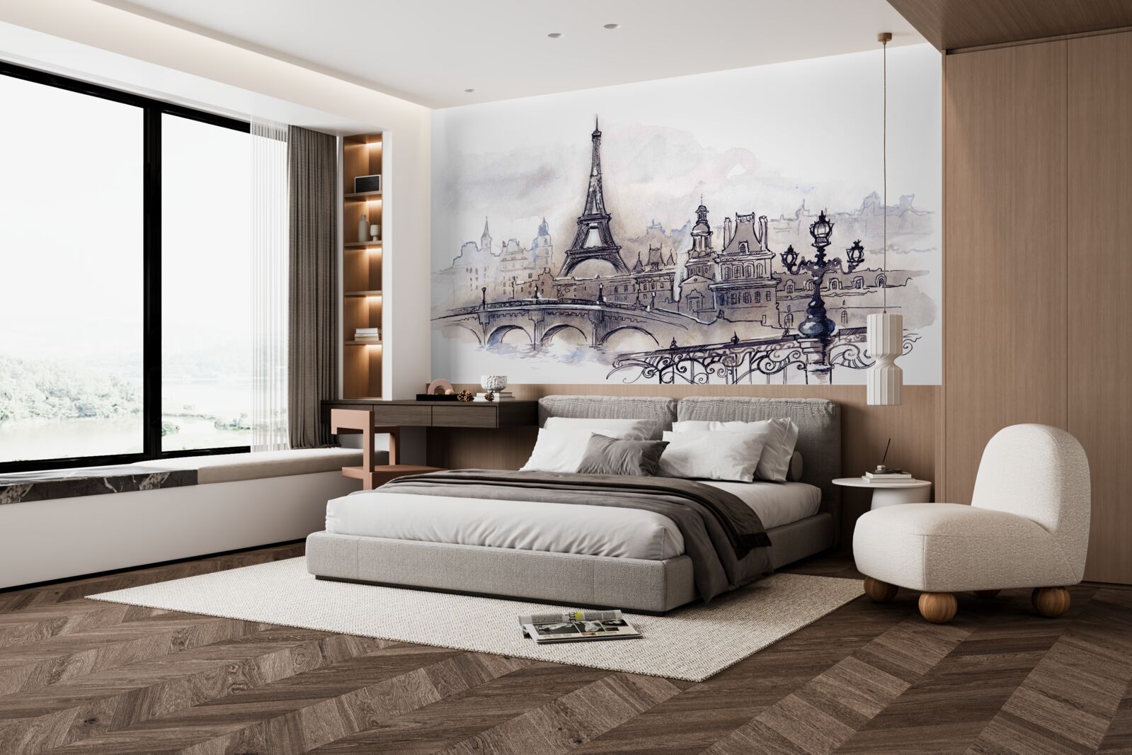 Fotobehang eiffeltoren en architectuurschetsen in potlood