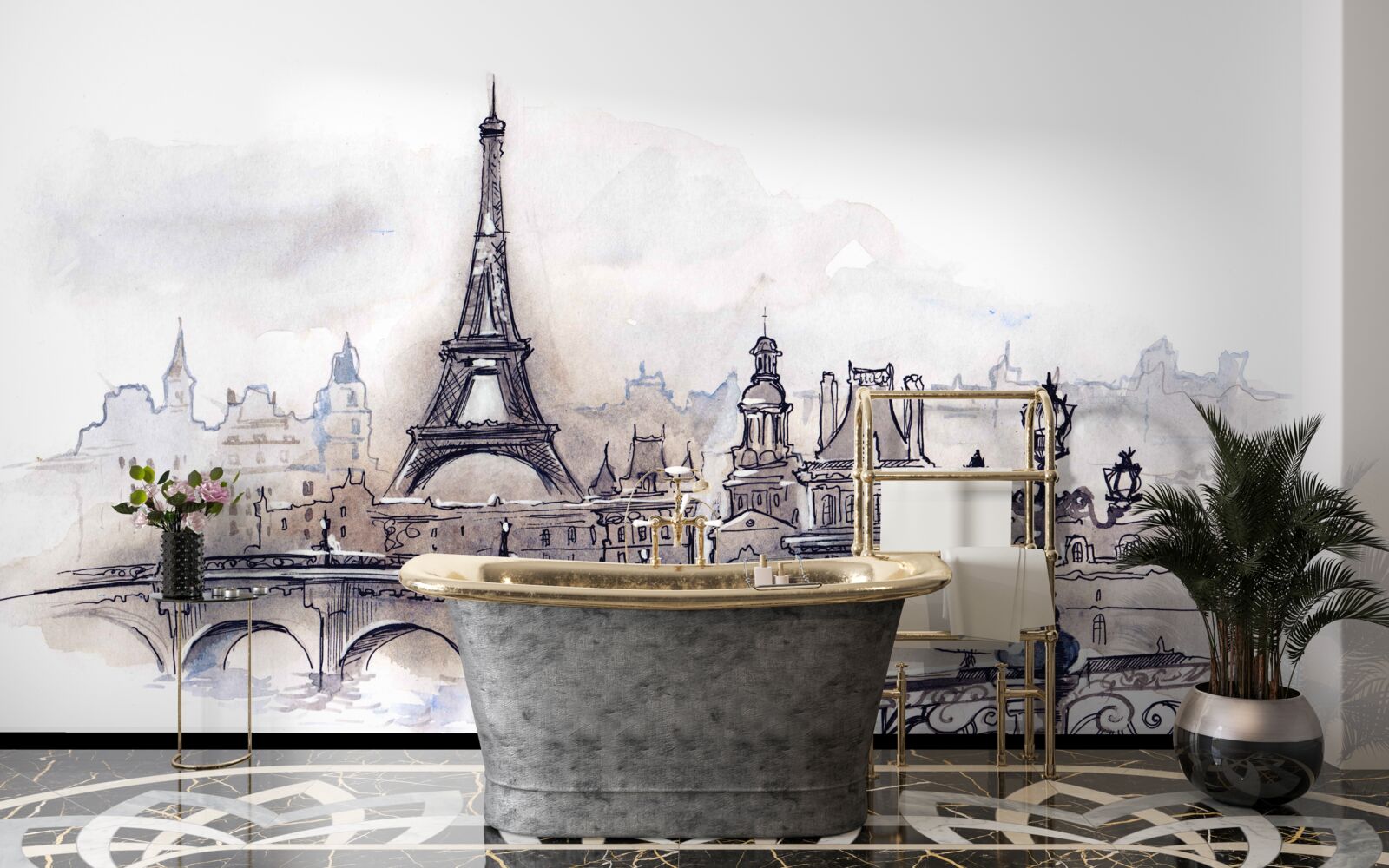 Fotobehang eiffeltoren en architectuurschetsen in potlood