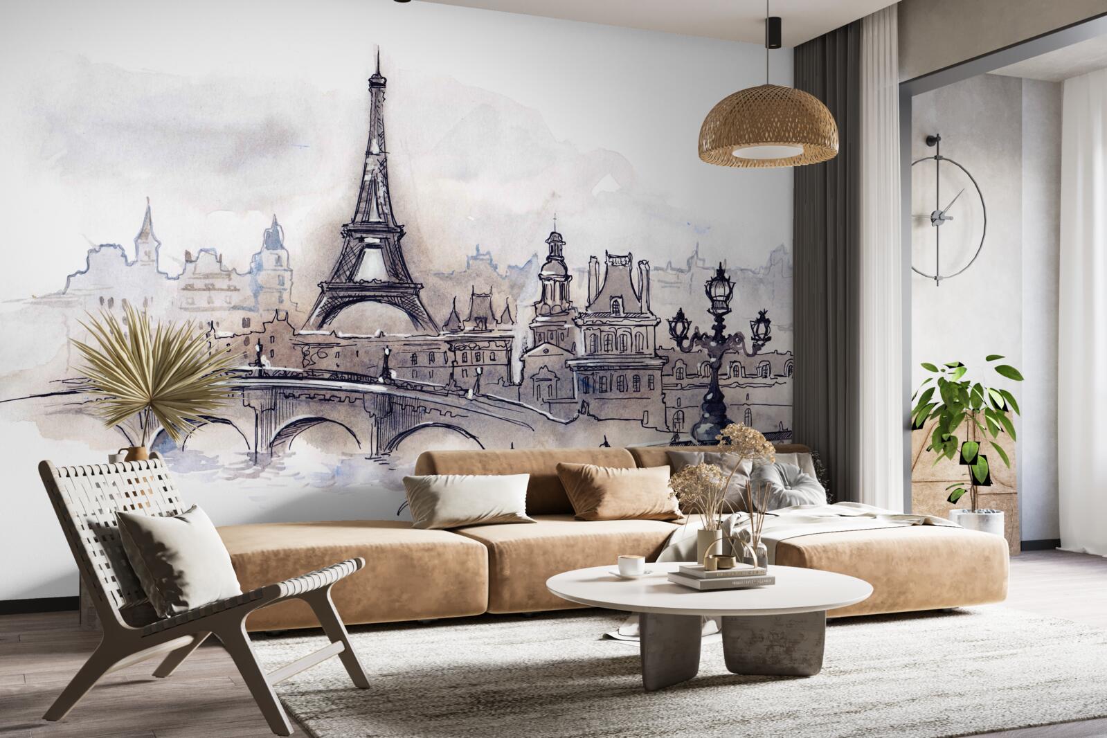 Fotobehang eiffeltoren en architectuurschetsen in potlood