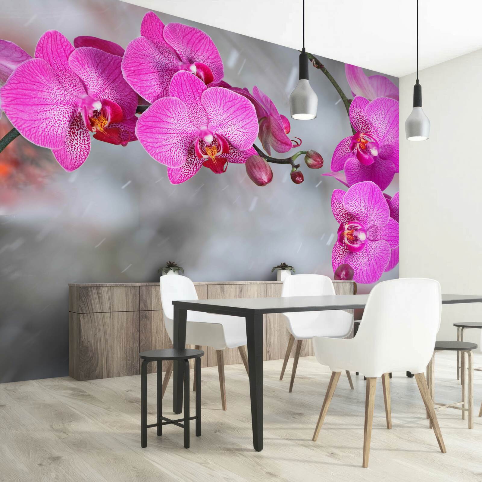 Fotobehang roze orchideeën bloeien in de regen