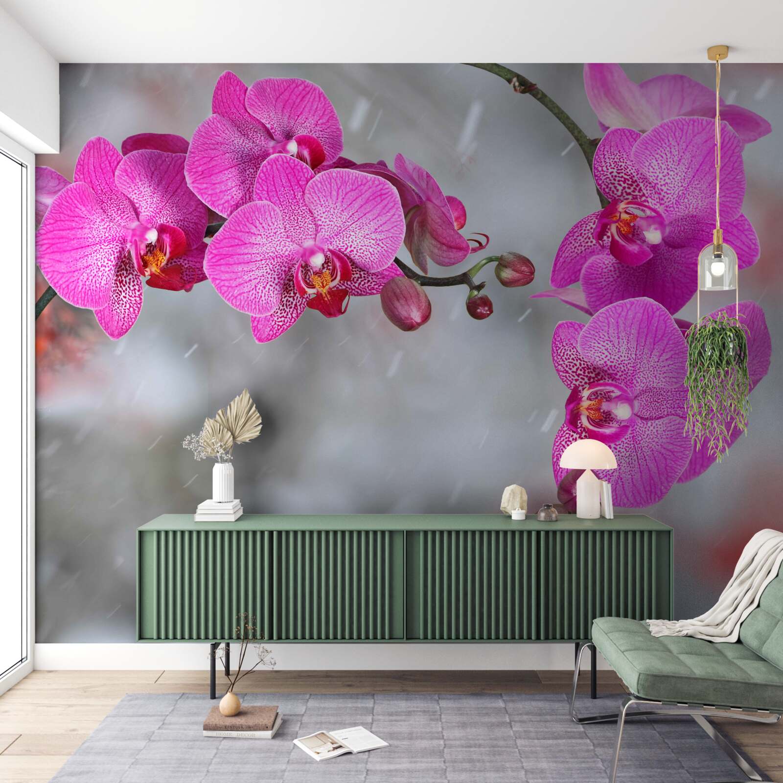 Fotobehang roze orchideeën bloeien in de regen