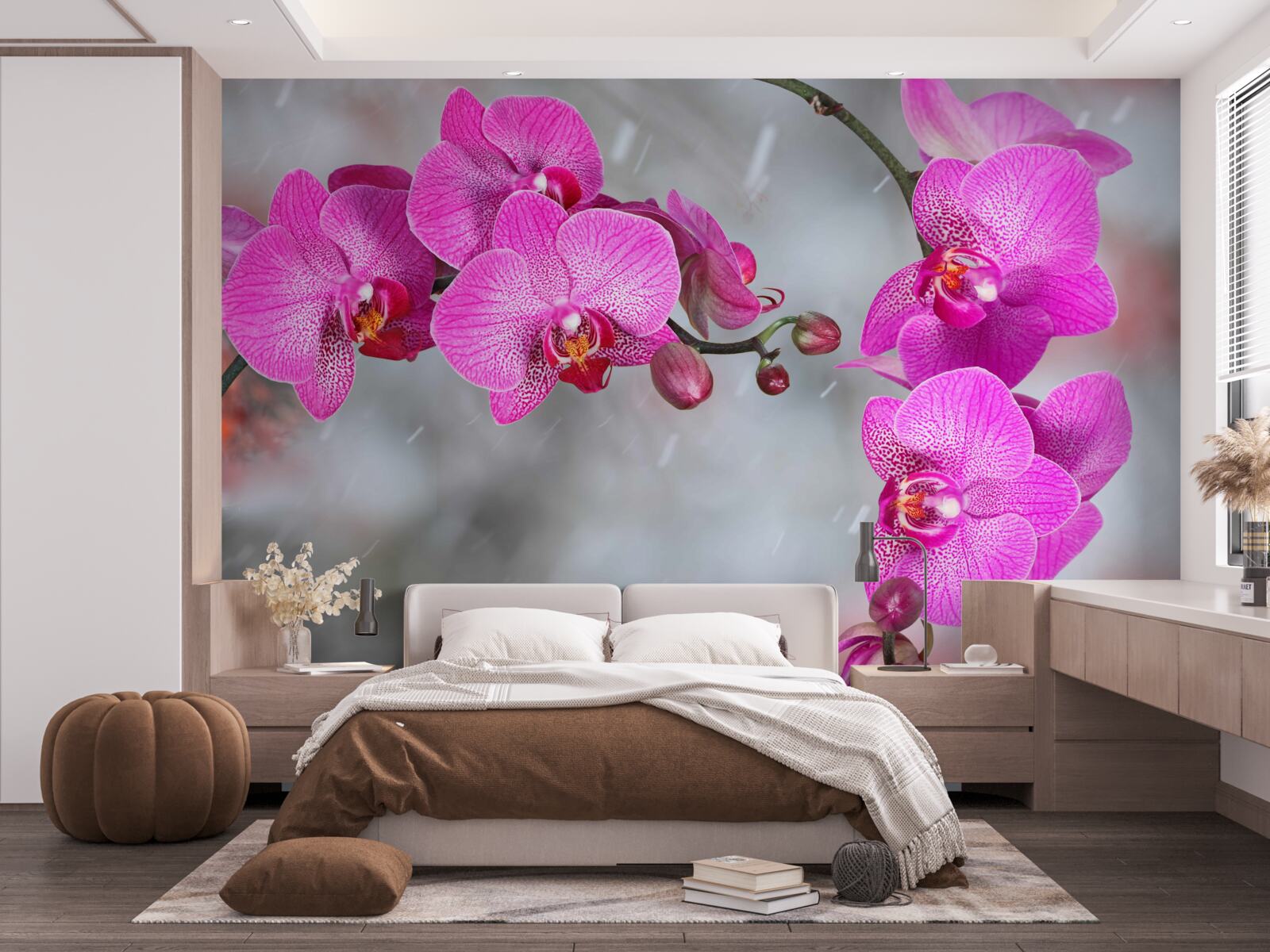 Fotobehang roze orchideeën bloeien in de regen