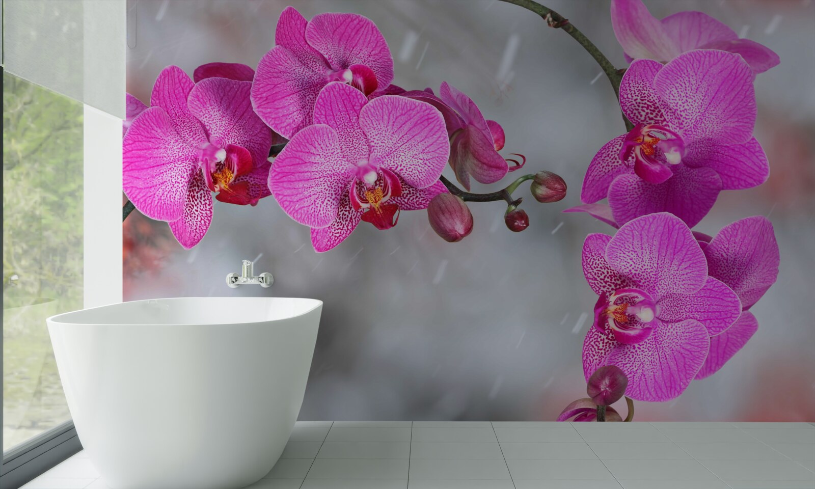 Fotobehang roze orchideeën bloeien in de regen