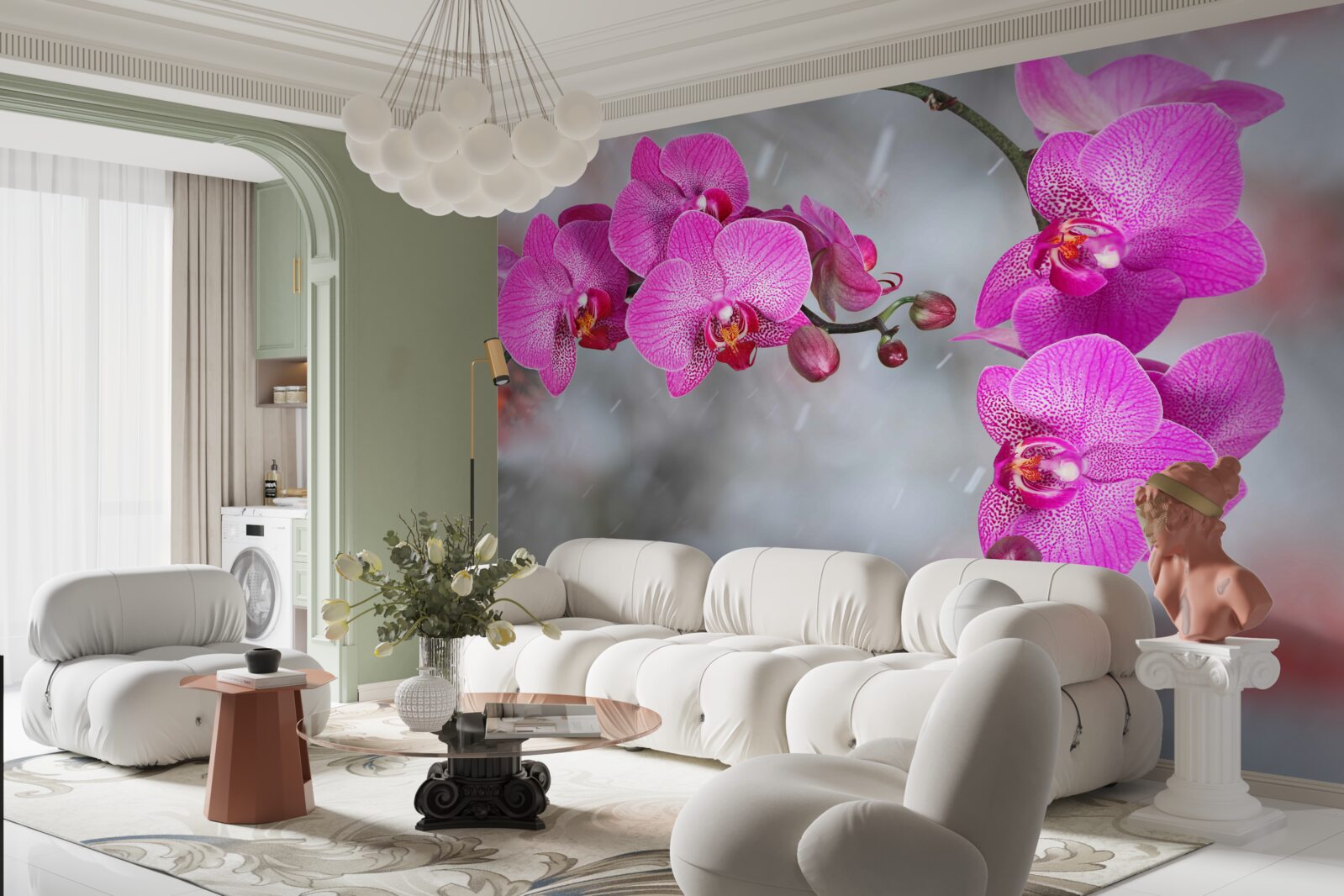 Fotobehang roze orchideeën bloeien in de regen