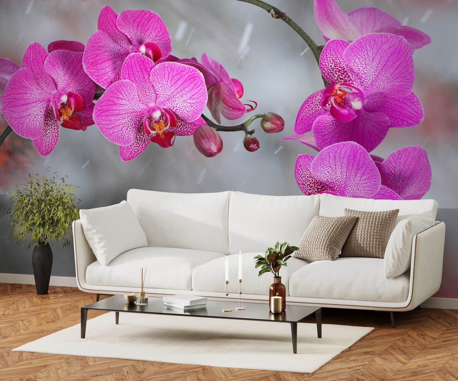 Fotobehang roze orchideeën bloeien in de regen