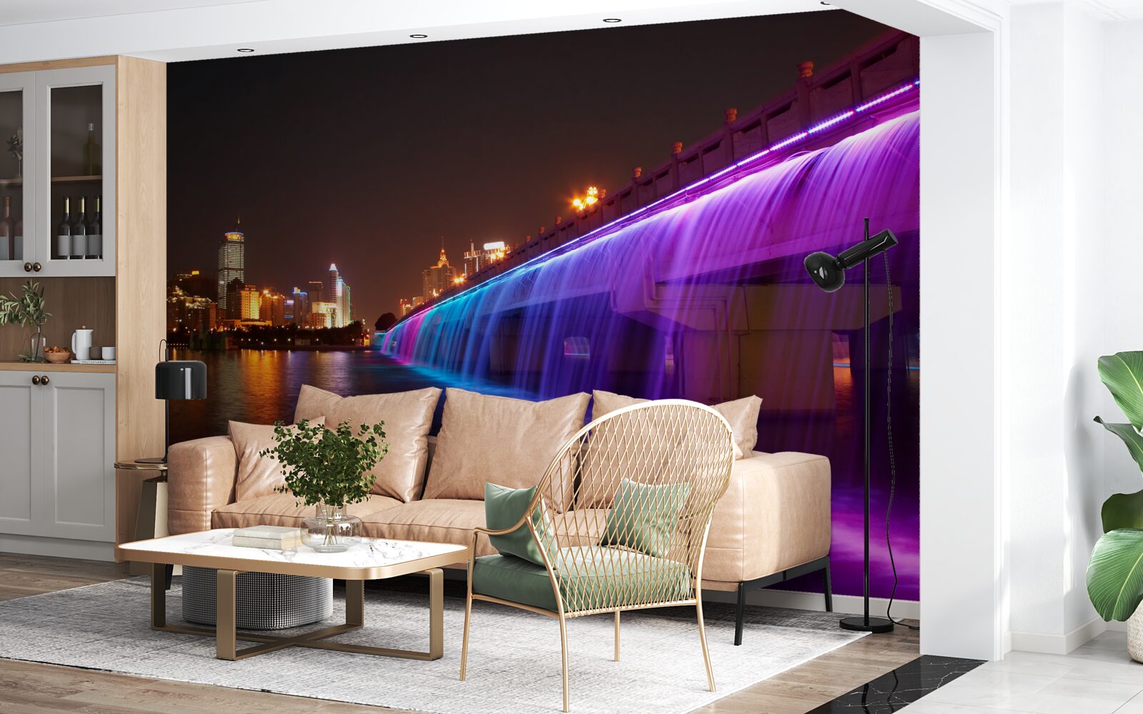 Fotobehang lichtgevende waterverlichting bij de brug