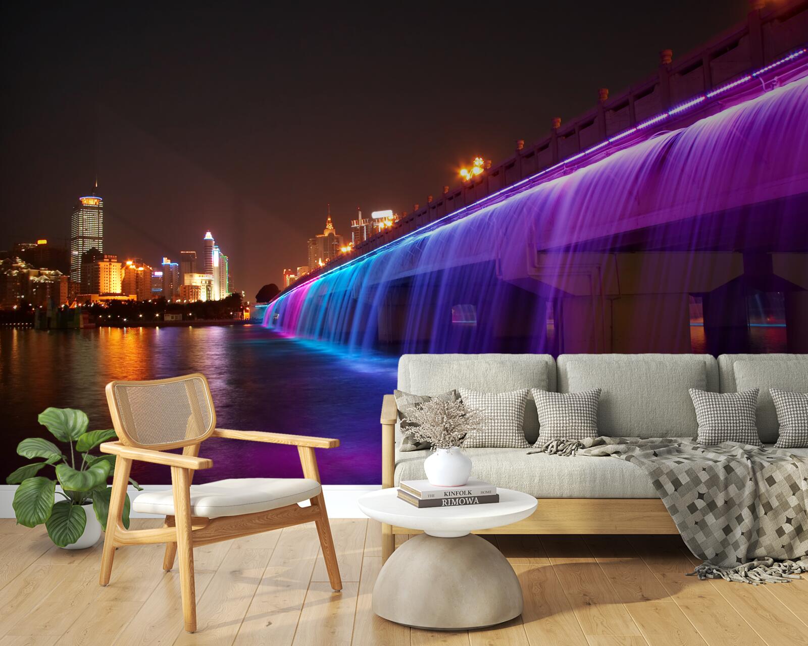 Fotobehang lichtgevende waterverlichting bij de brug