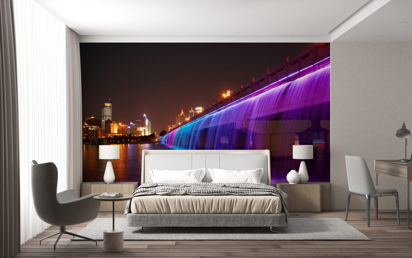 Fotobehang lichtgevende waterverlichting bij de brug