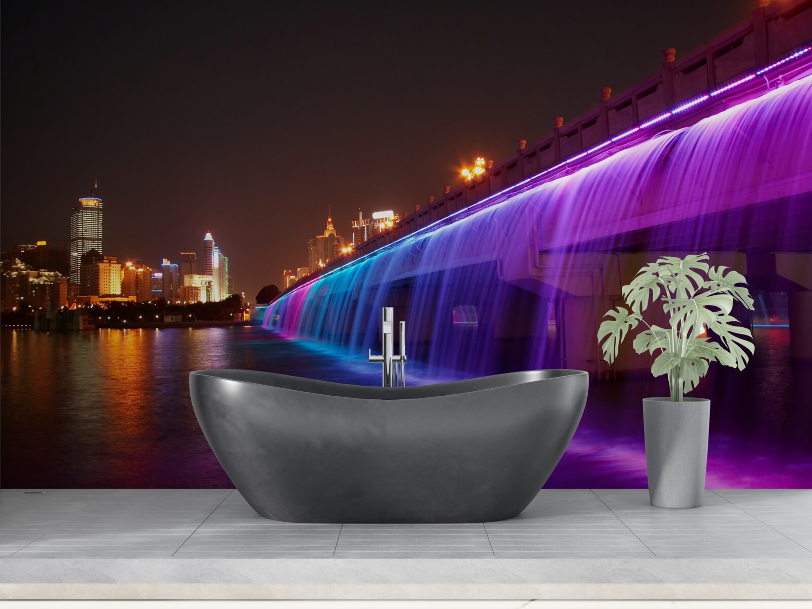 Fotobehang lichtgevende waterverlichting bij de brug