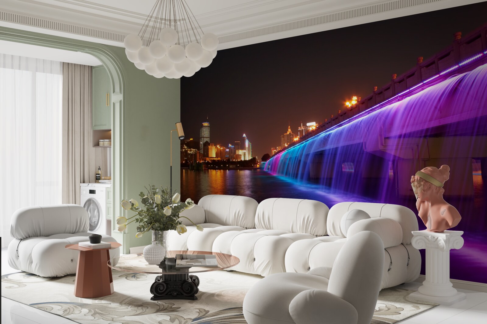 Fotobehang lichtgevende waterverlichting bij de brug