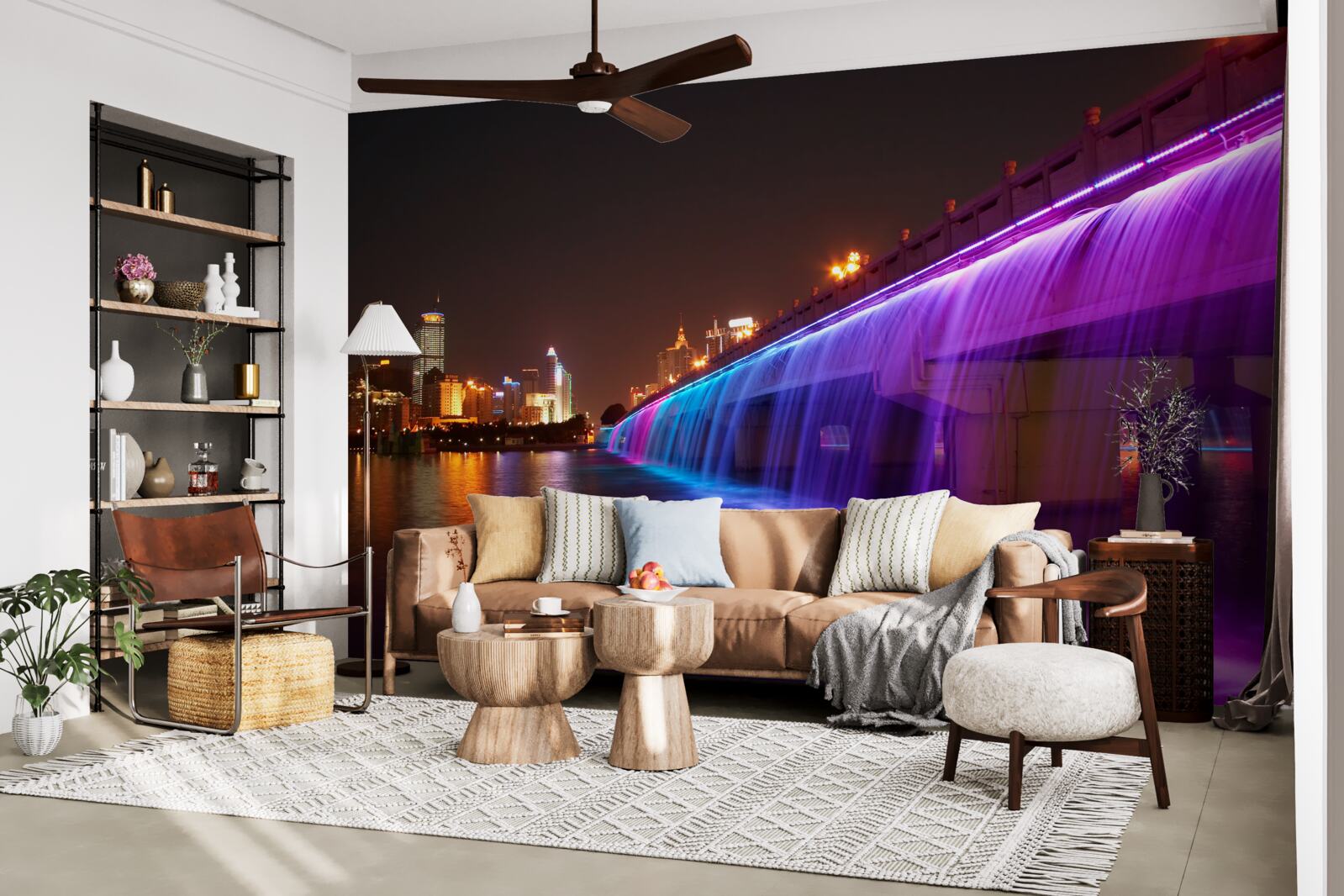 Fotobehang lichtgevende waterverlichting bij de brug