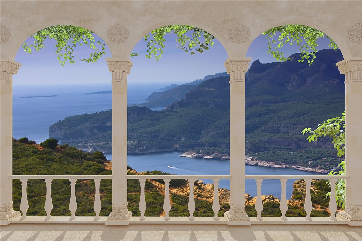 Fotobehang landschappelijk uitzicht vanaf het terras
