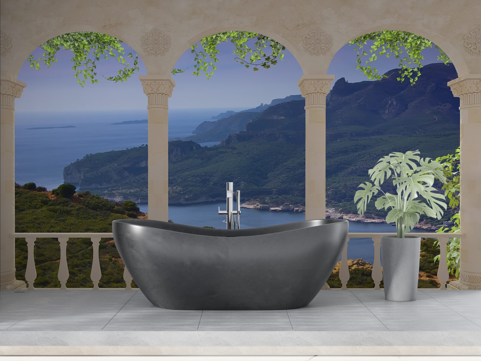 Fotobehang landschappelijk uitzicht vanaf het terras