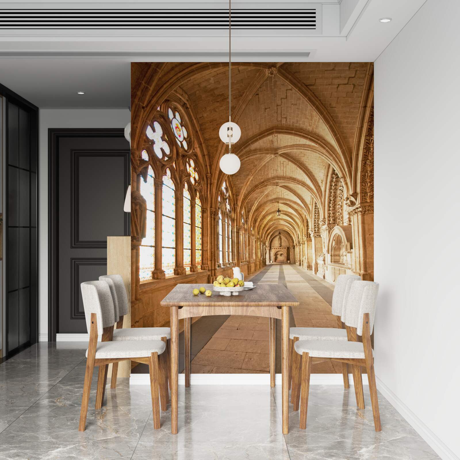 Fotobehang oude stenen gewelven met glas-in-loodramen