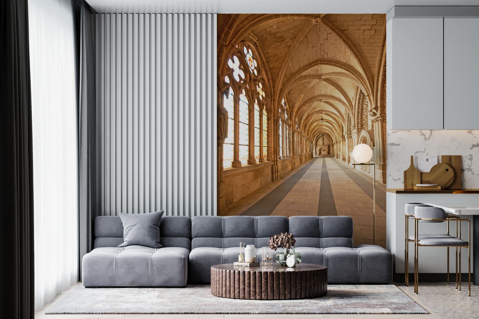 Fotobehang oude stenen gewelven met glas-in-loodramen