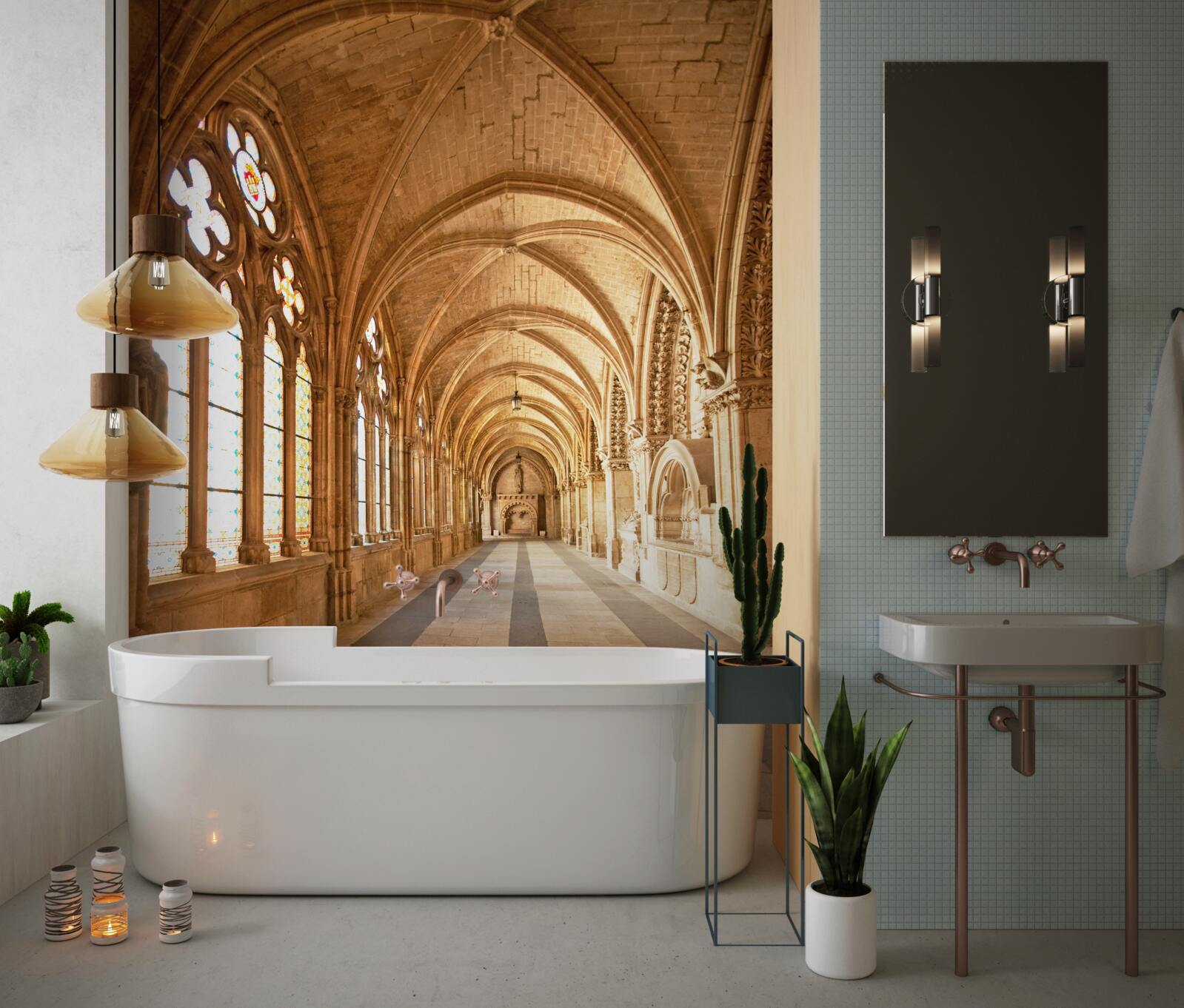 Fotobehang oude stenen gewelven met glas-in-loodramen