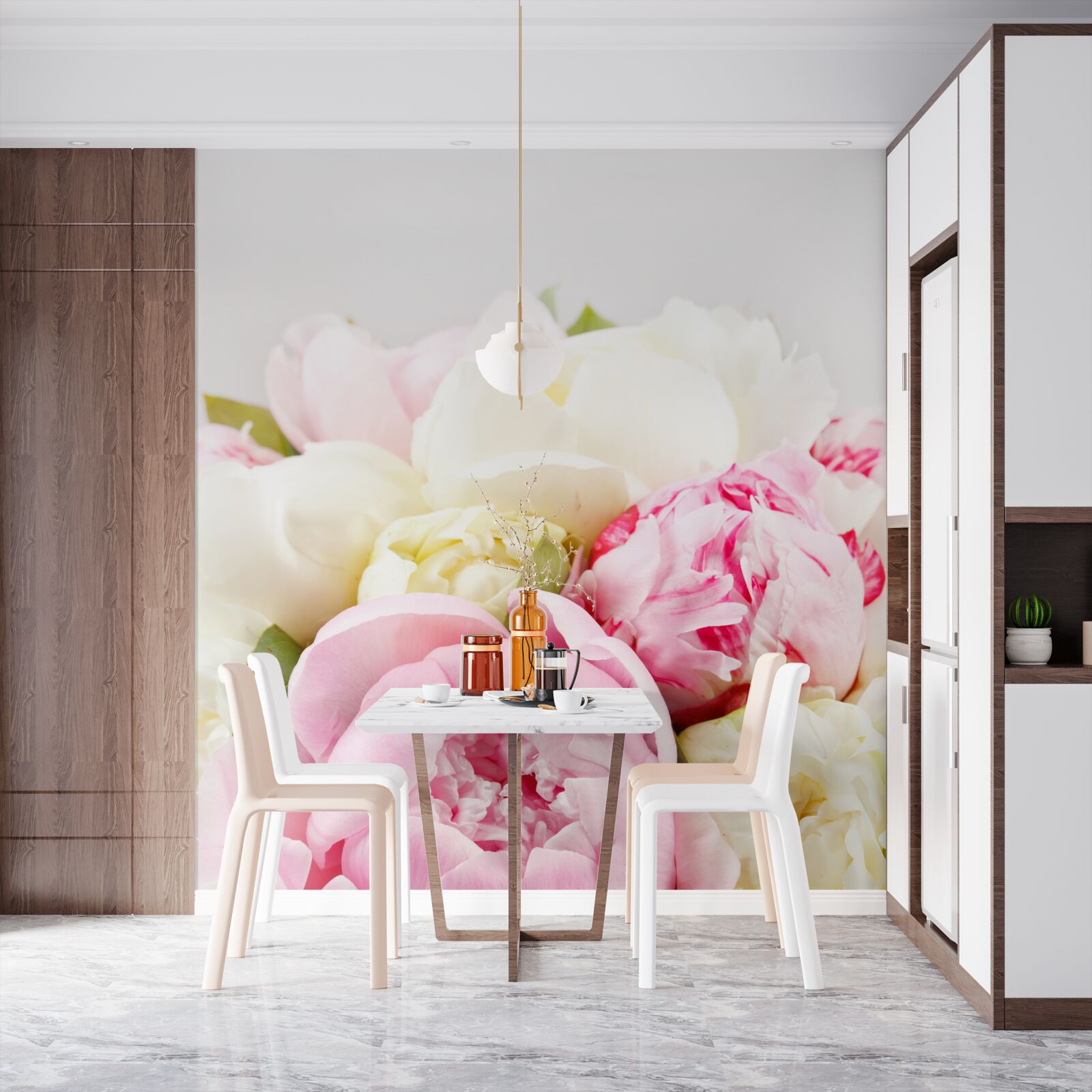 Fotobehang delicate pioenvormige rozen in wit en roze