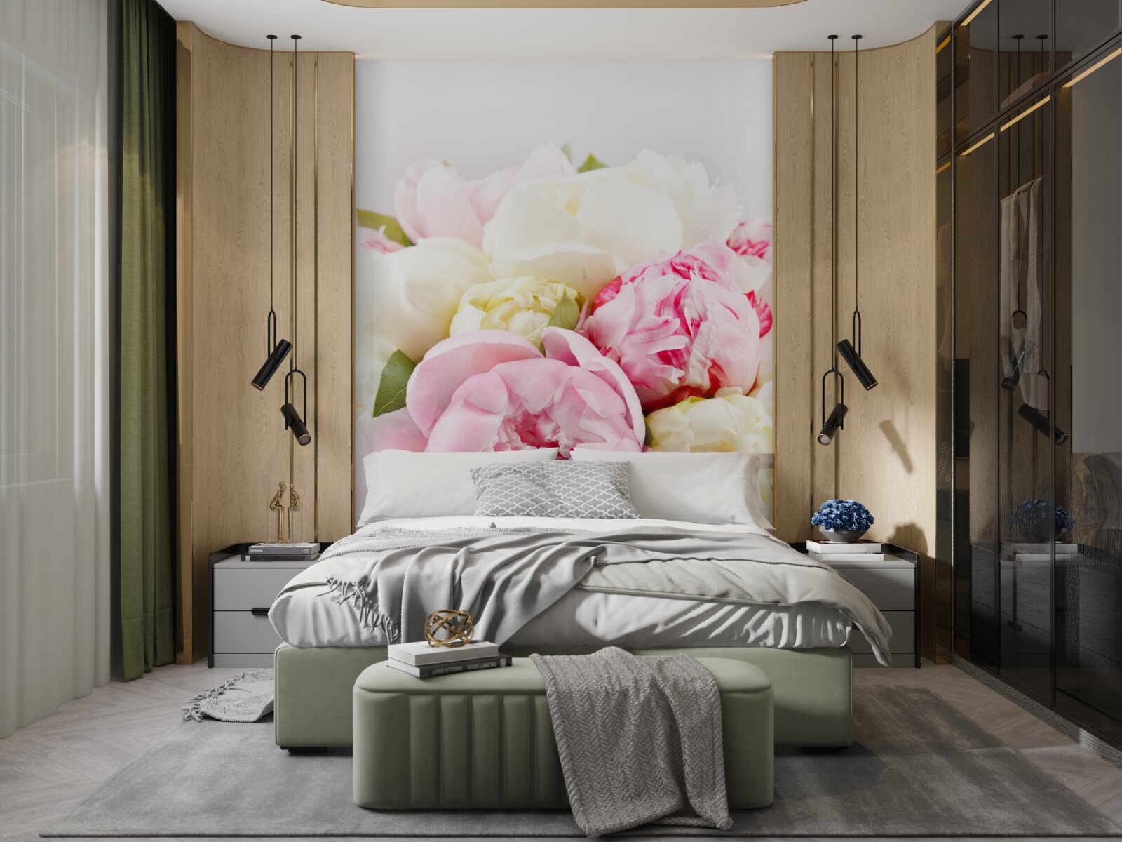 Fotobehang delicate pioenvormige rozen in wit en roze