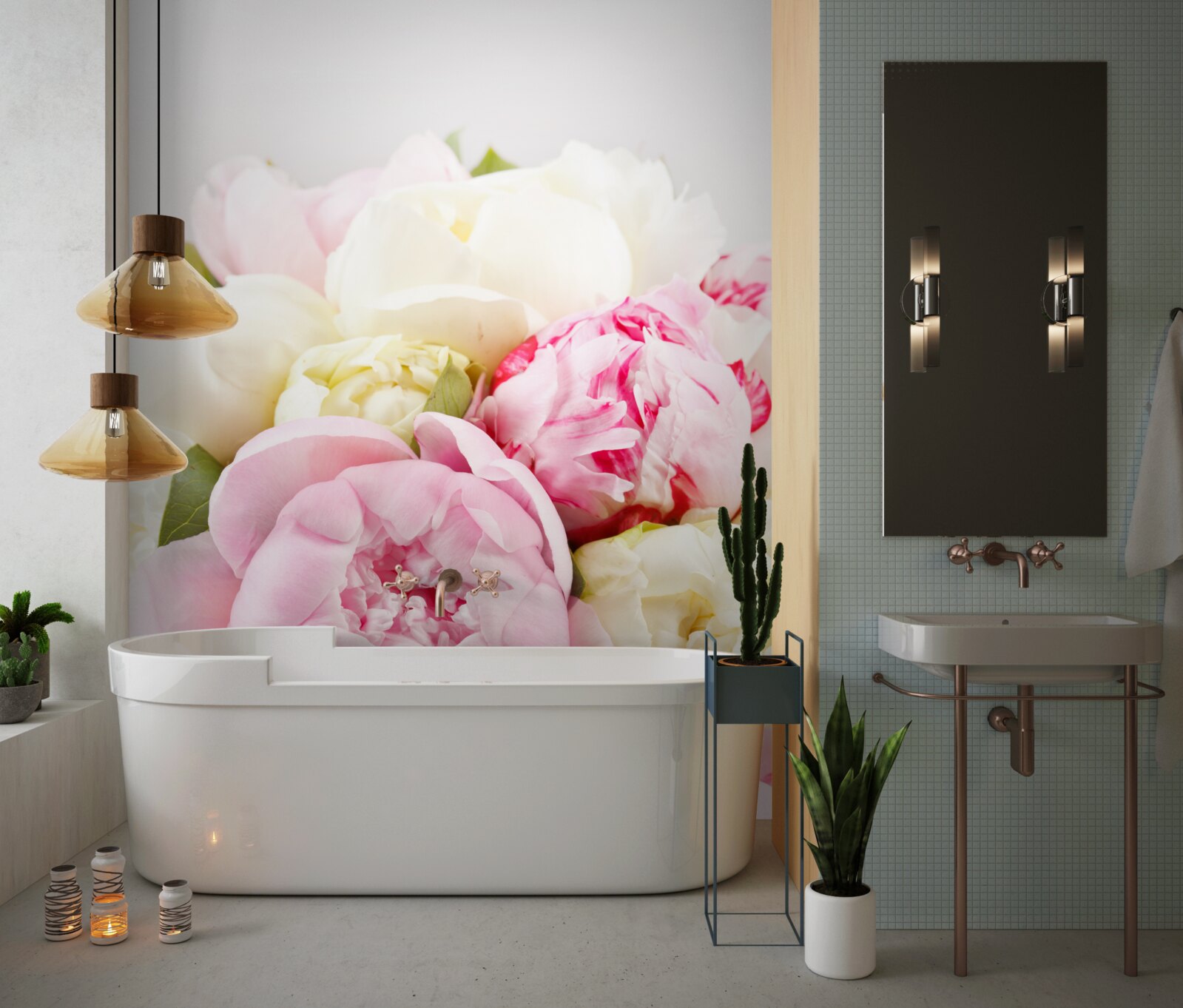 Fotobehang delicate pioenvormige rozen in wit en roze