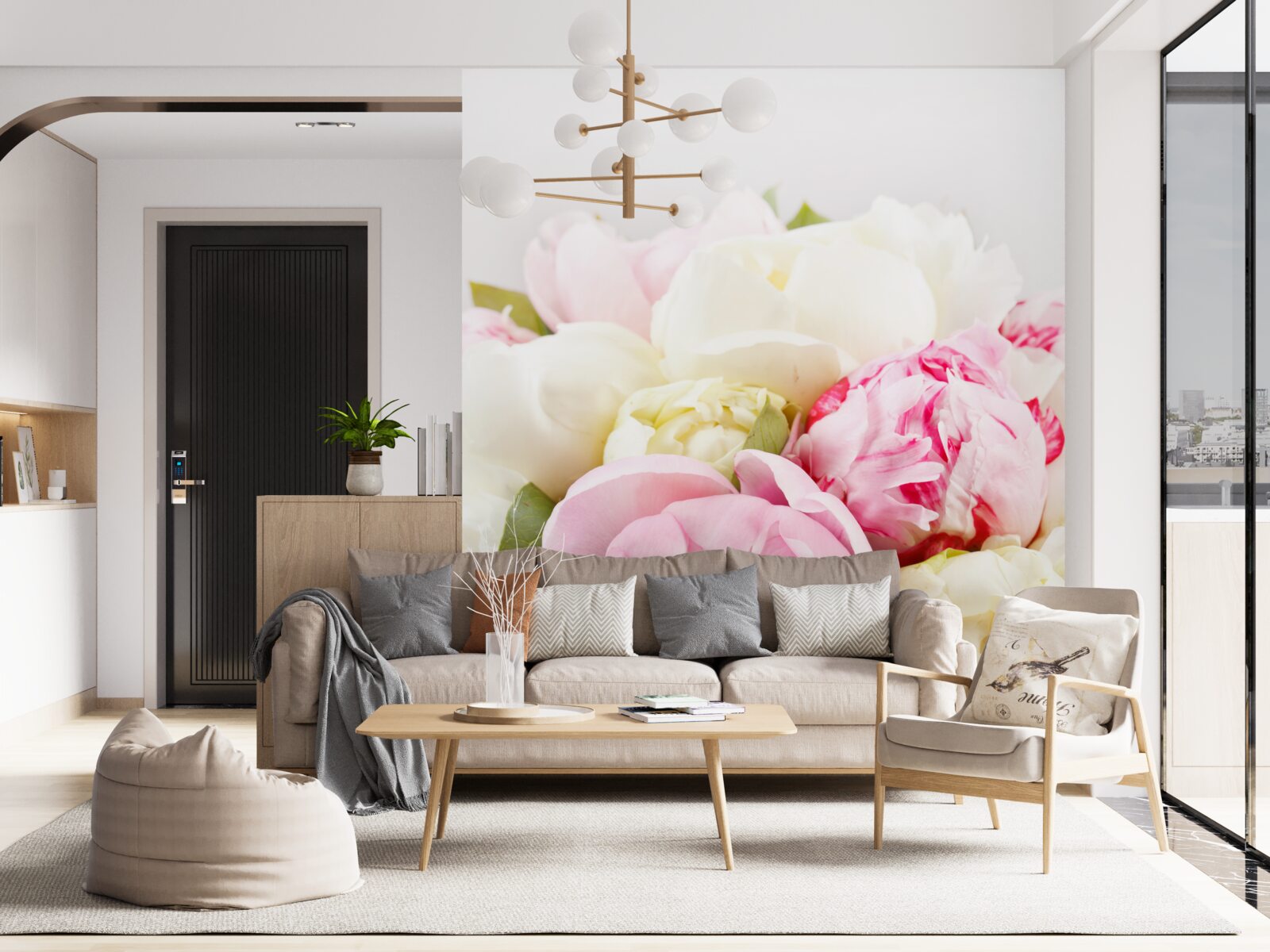 Fotobehang delicate pioenvormige rozen in wit en roze