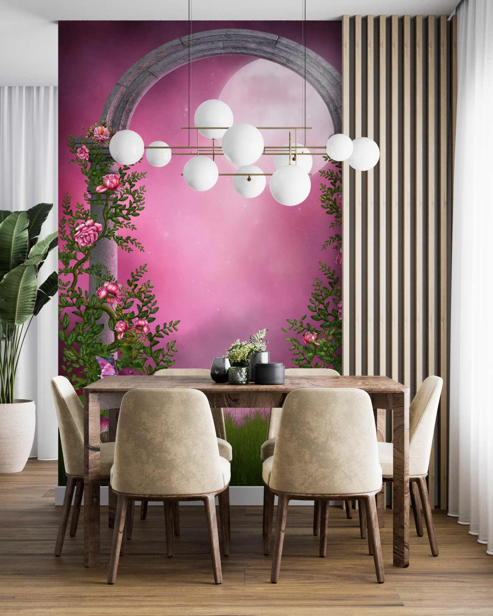 Fotobehang de maan schijnt helder en de stenen boog is bedekt met bloemen