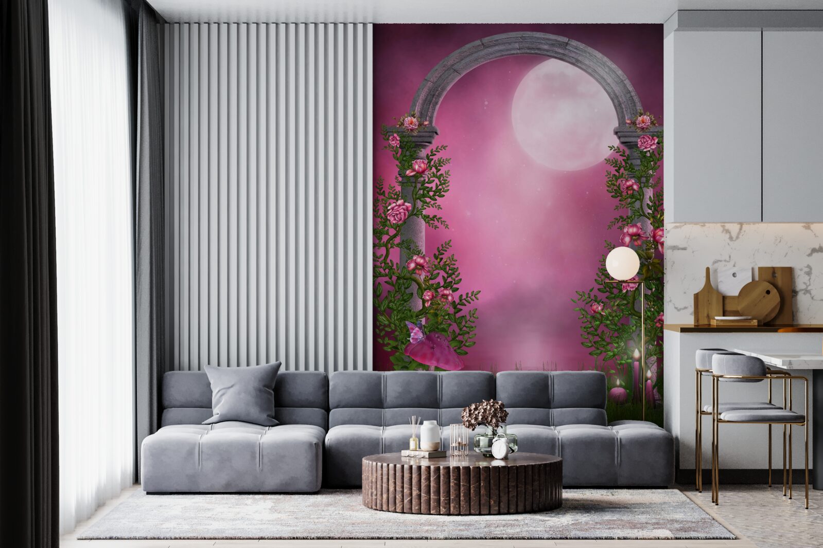 Fotobehang de maan schijnt helder en de stenen boog is bedekt met bloemen