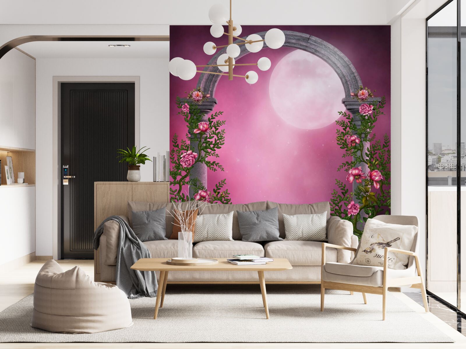 Fotobehang de maan schijnt helder en de stenen boog is bedekt met bloemen