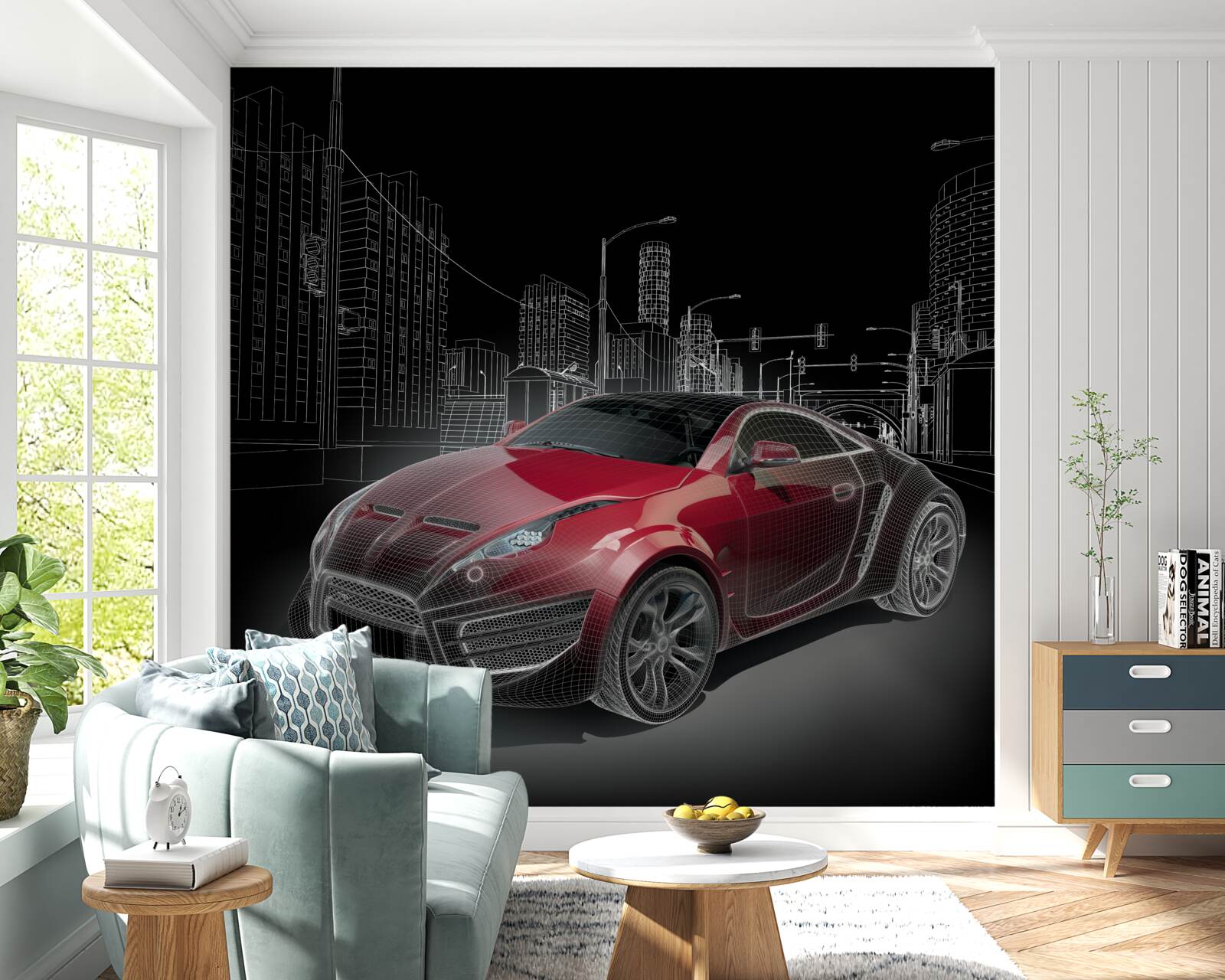 Fotobehang de tekening toont een rode sportwagen