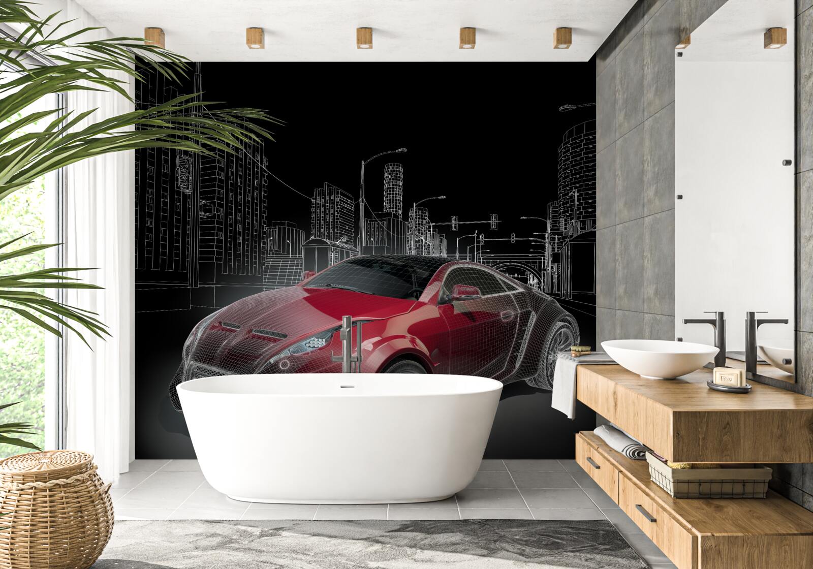 Fotobehang de tekening toont een rode sportwagen