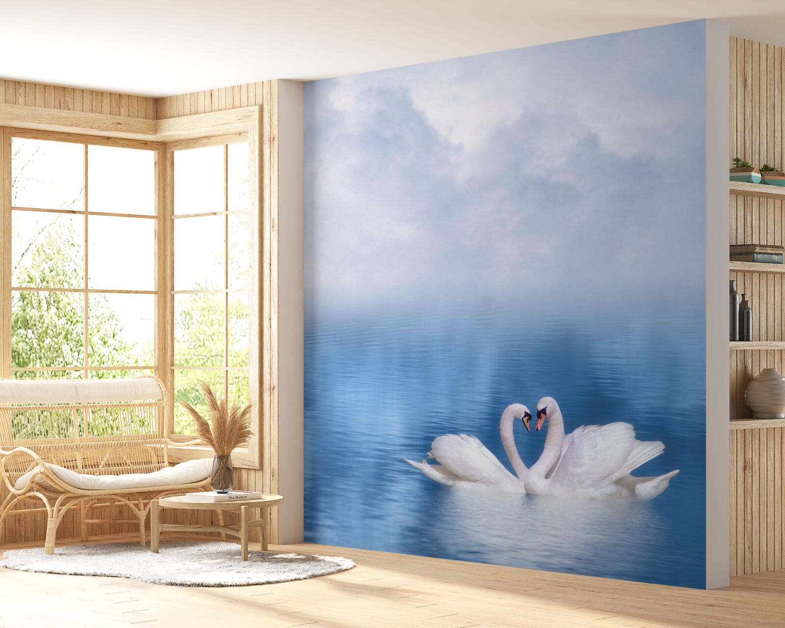 Fotobehang een familie witte zwanen op een mistig meer in de bergen