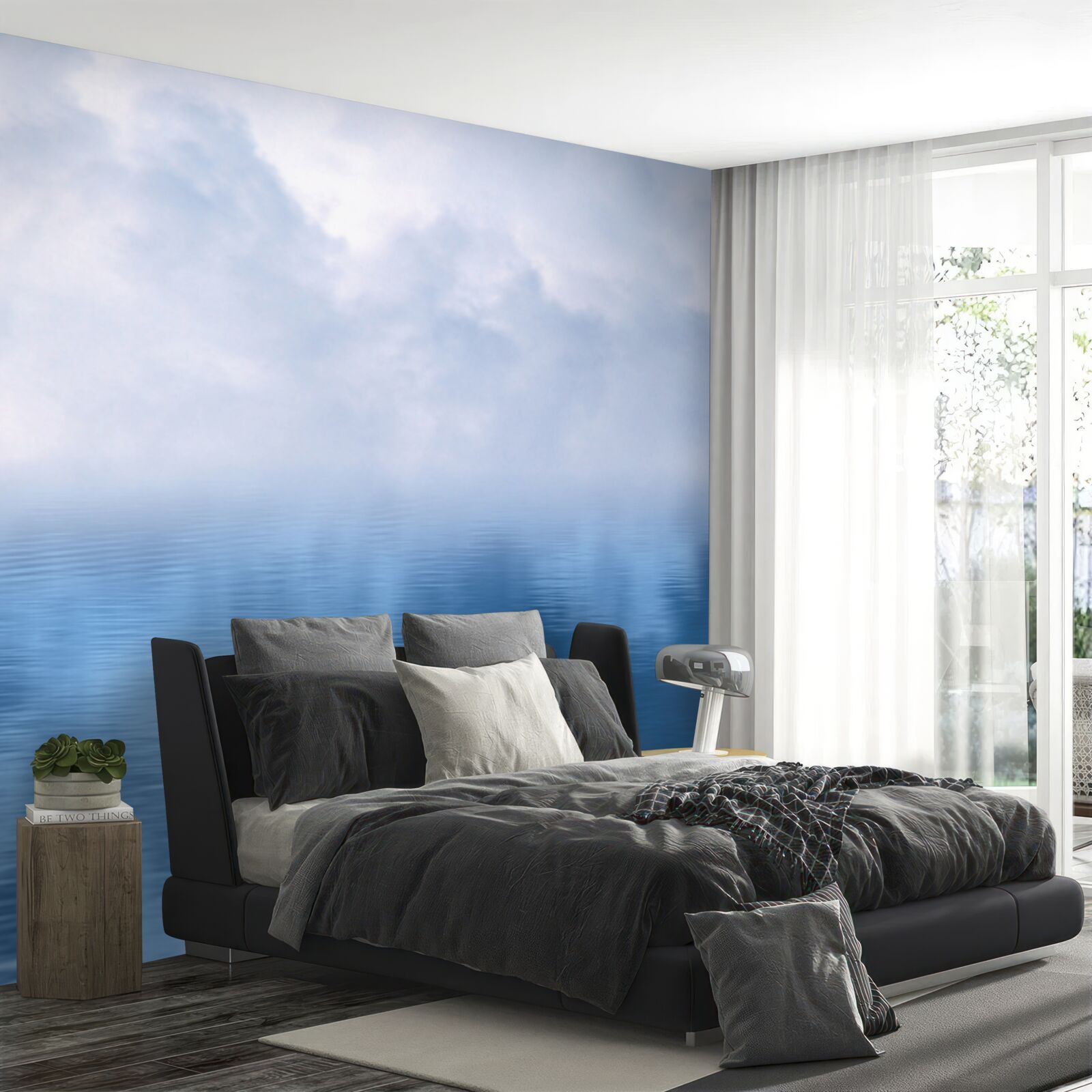 Fotobehang een familie witte zwanen op een mistig meer in de bergen