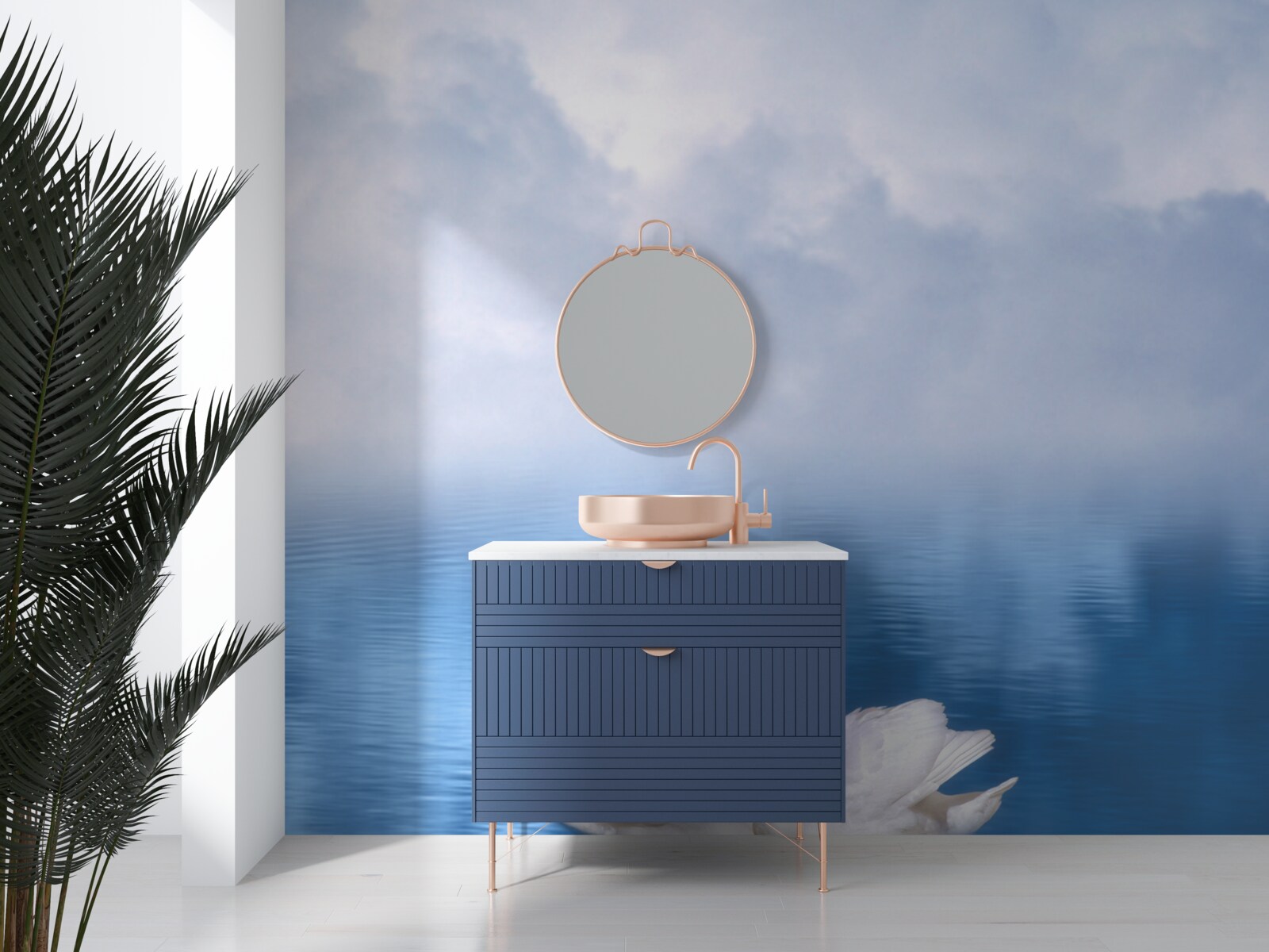 Fotobehang een familie witte zwanen op een mistig meer in de bergen