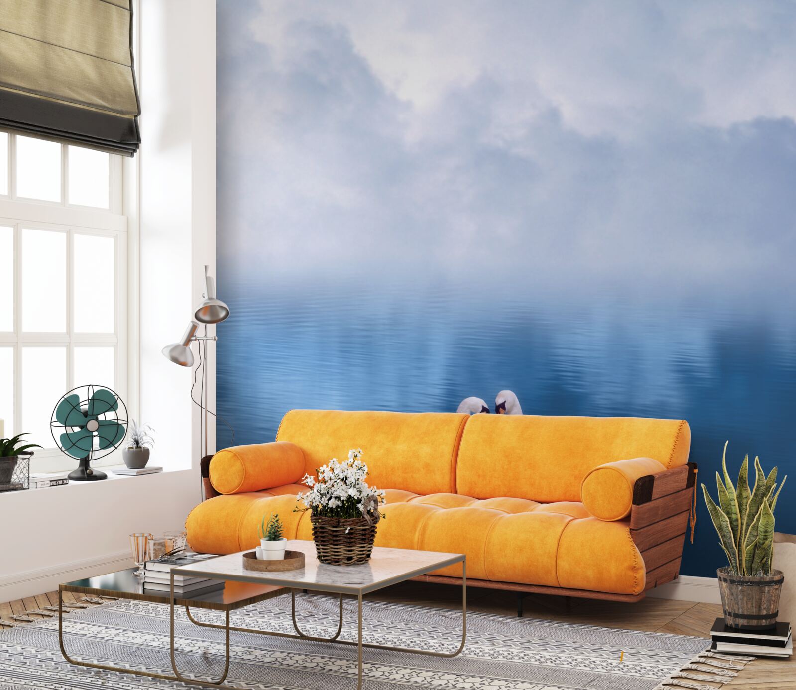 Fotobehang een familie witte zwanen op een mistig meer in de bergen