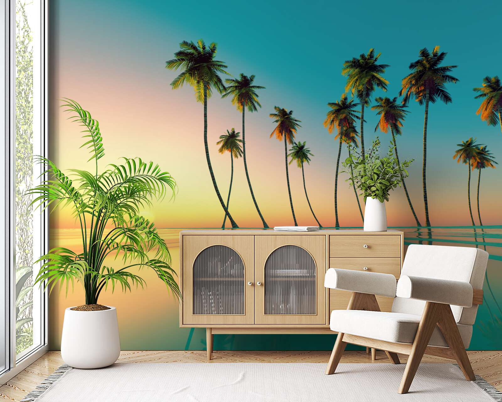 Fotobehang Dunne palmbomen bij het zwembad tegen de achtergrond van de ondergaande zon