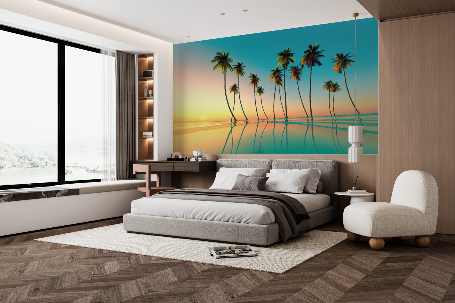 Fotobehang Dunne palmbomen bij het zwembad tegen de achtergrond van de ondergaande zon