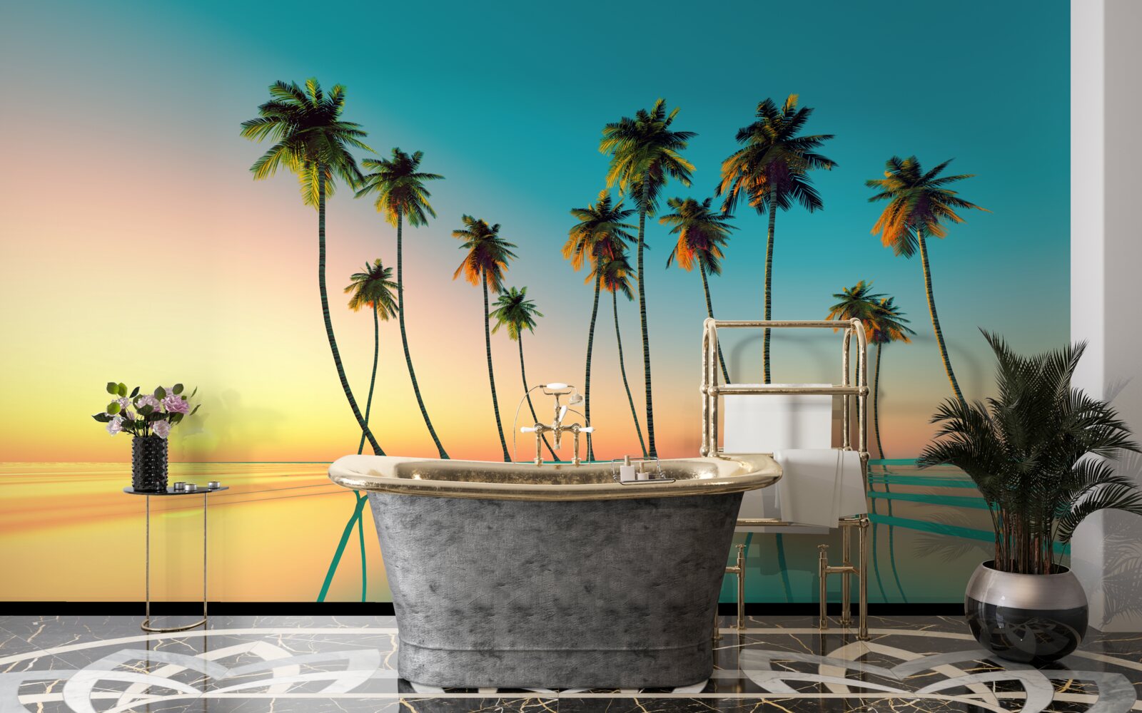 Fotobehang Dunne palmbomen bij het zwembad tegen de achtergrond van de ondergaande zon