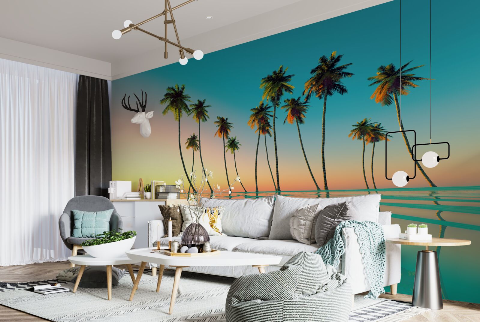 Fotobehang Dunne palmbomen bij het zwembad tegen de achtergrond van de ondergaande zon