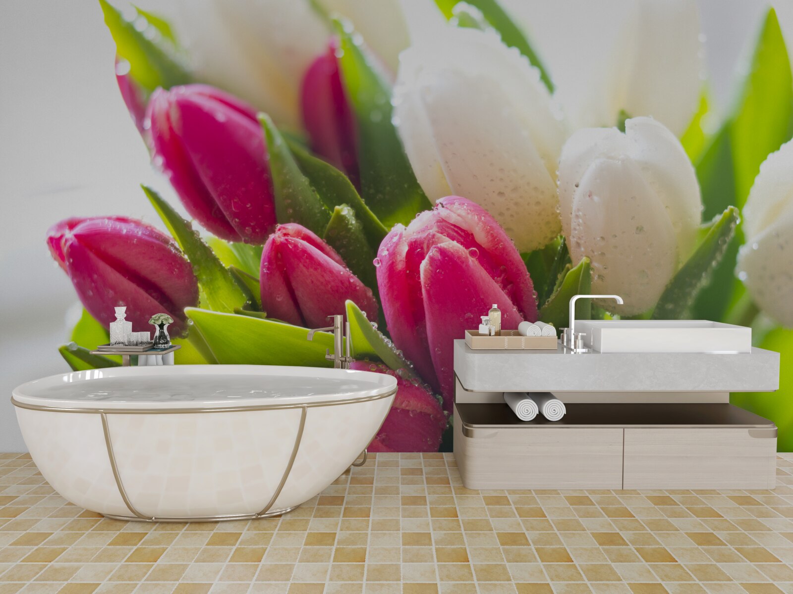 Fotobehang compositie van witte en lavendel met dauw bedekte tulpen