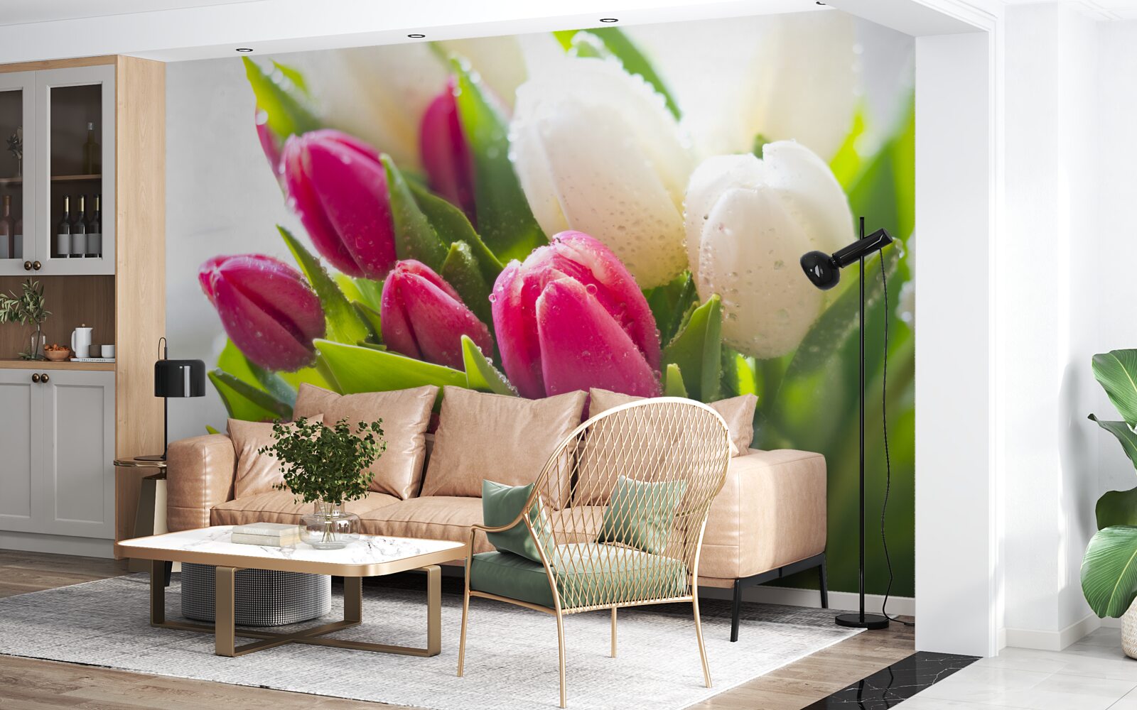 Fotobehang compositie van witte en lavendel met dauw bedekte tulpen