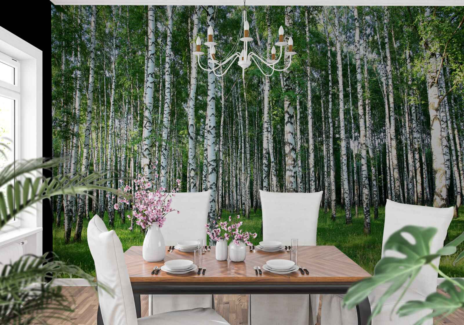 Fotobehang slanke berkenbomen in zomerdecoratie